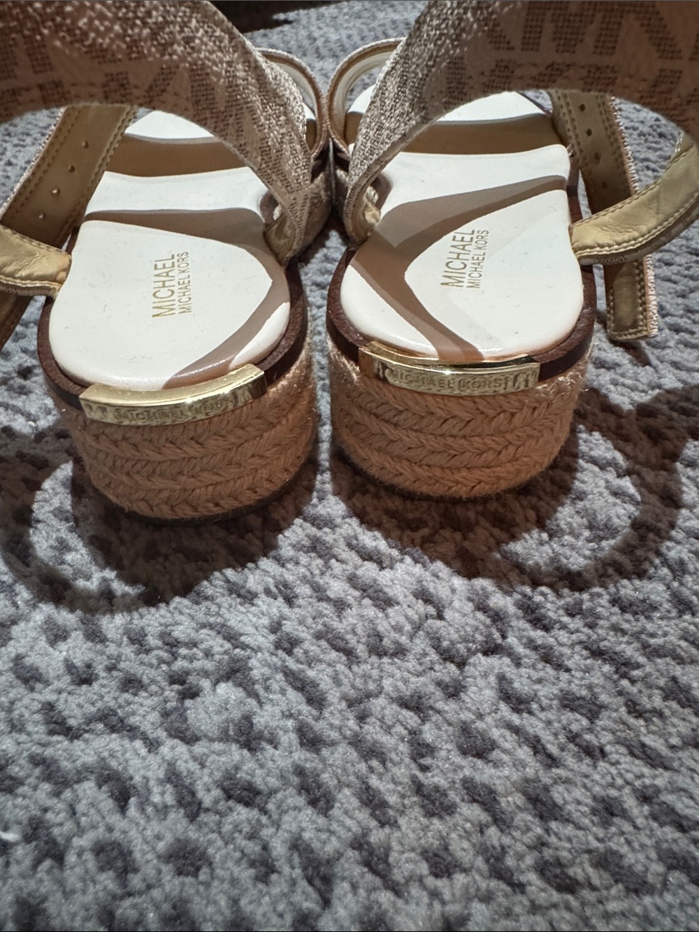 Michael Kors Neutral Logo Platform Sandals with Gold Buckle - Picture 3 of 5
